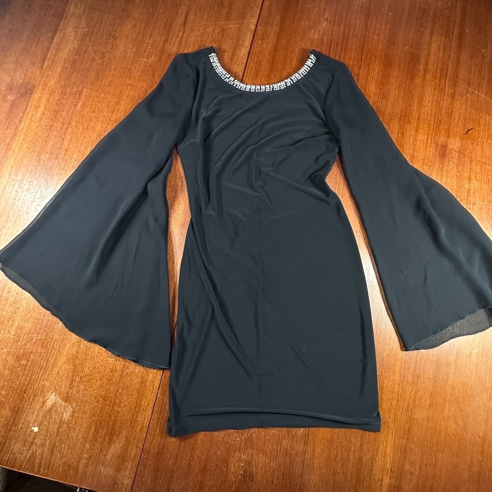 VTG City Triangles Elegant Black Dress Jeweled Neckline Sheer Sleeves Sz S Fairy